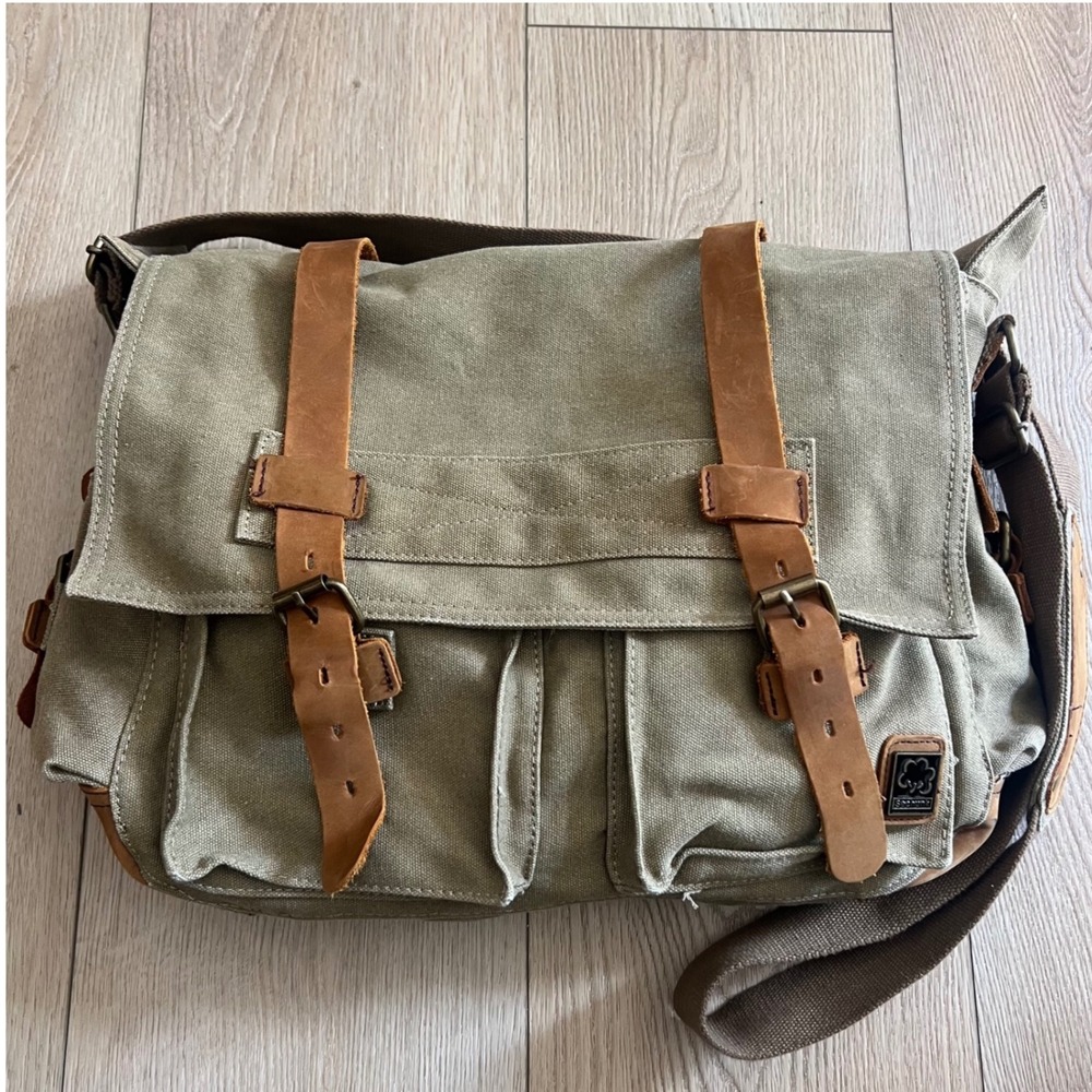Sechunk Vintage Military Leather Canvas Laptop Bag Messenger BagKhaki Green